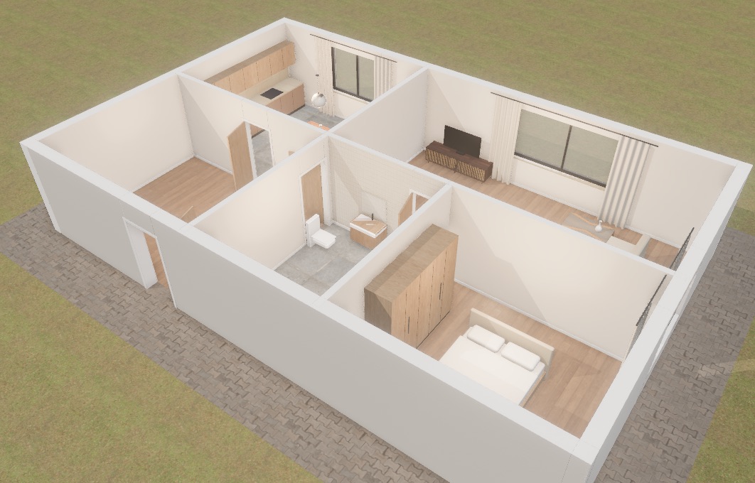 The finished house from above, furnished